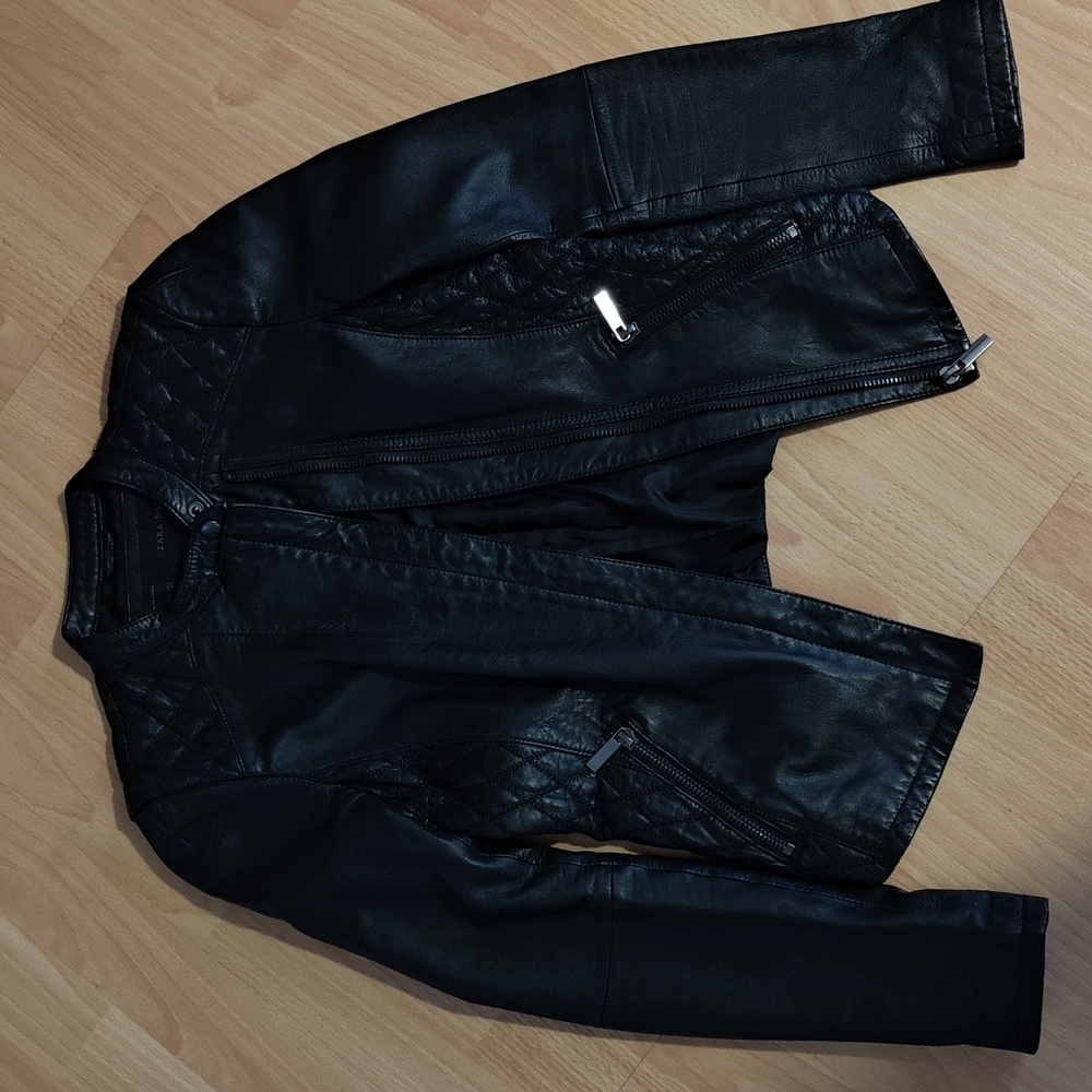 Zara Basics Women's Black Quilted Lamb Leather Jacket - XS